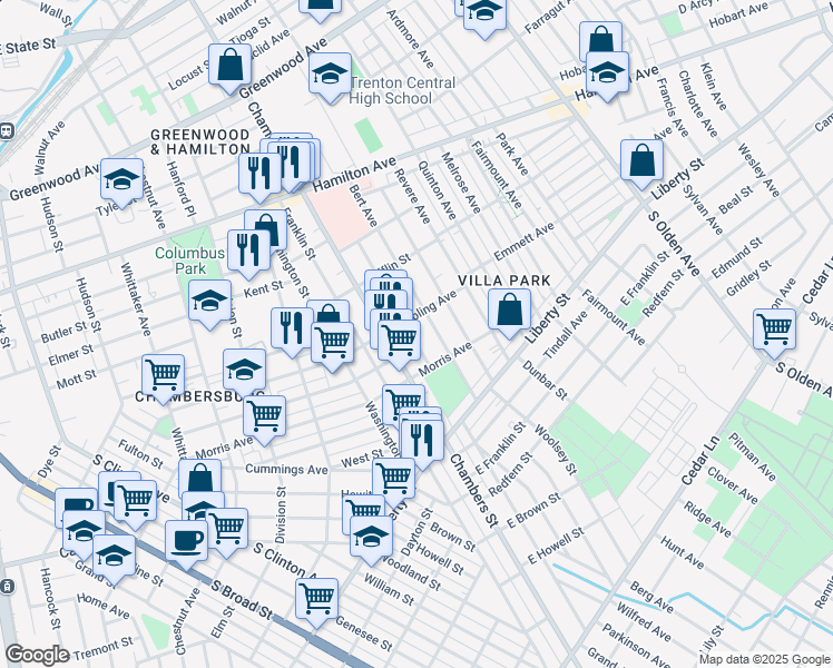 map of restaurants, bars, coffee shops, grocery stores, and more near 416 Commonwealth Avenue in Trenton