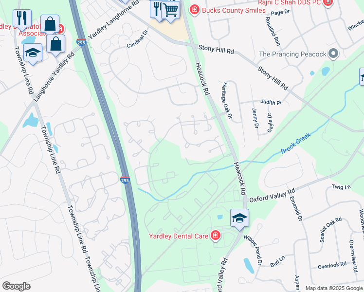 map of restaurants, bars, coffee shops, grocery stores, and more near 509 Aspen Woods Drive in Yardley