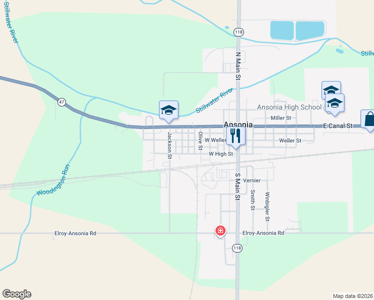 map of restaurants, bars, coffee shops, grocery stores, and more near 500-548 West Weller Street in Ansonia
