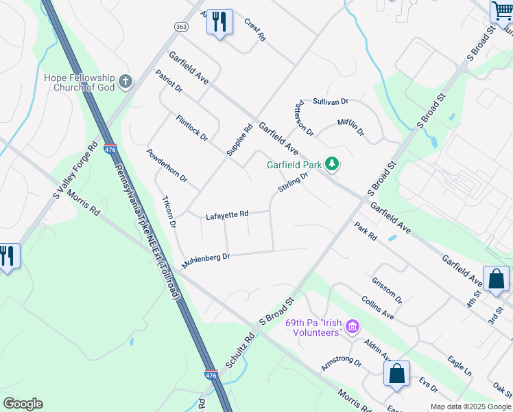 map of restaurants, bars, coffee shops, grocery stores, and more near 1934 Lafayette Road in Lansdale