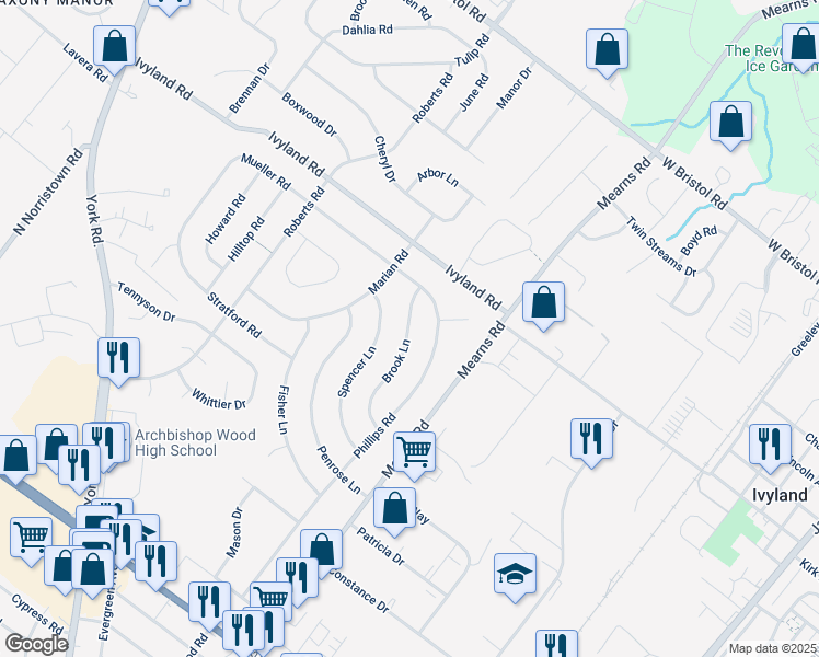 map of restaurants, bars, coffee shops, grocery stores, and more near 537 Brook Lane in Warminster