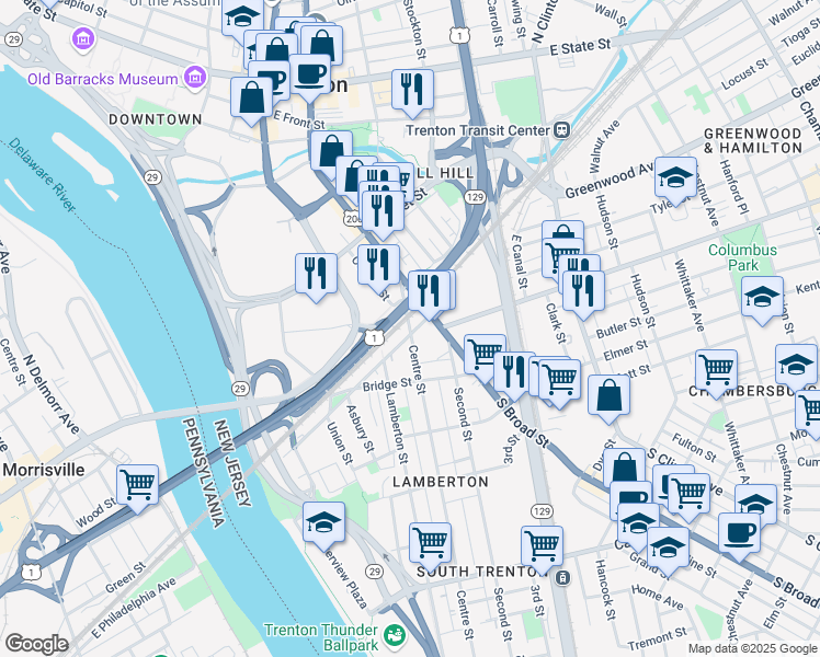 map of restaurants, bars, coffee shops, grocery stores, and more near 99 Centre Street in Trenton