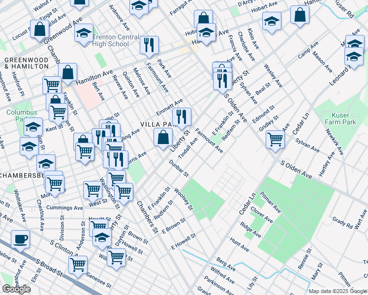 map of restaurants, bars, coffee shops, grocery stores, and more near 360 Tindall Avenue in Hamilton Township
