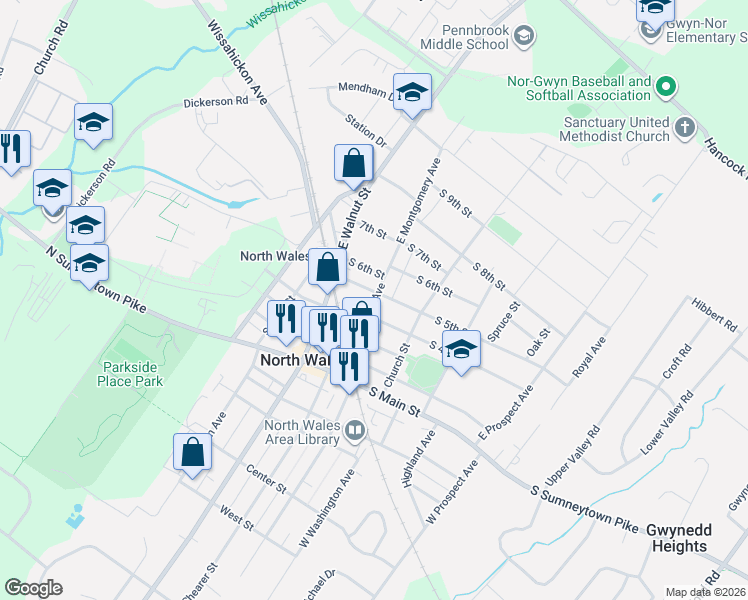 map of restaurants, bars, coffee shops, grocery stores, and more near 476 East Montgomery Avenue in North Wales
