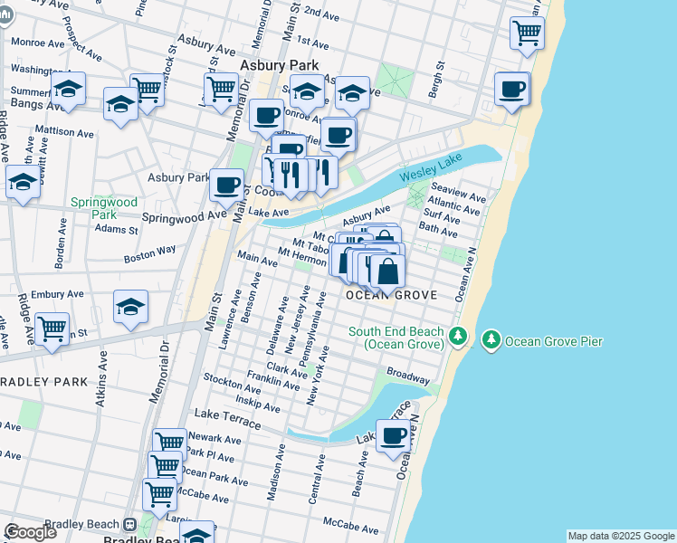 map of restaurants, bars, coffee shops, grocery stores, and more near 33 New York Avenue in Neptune Township
