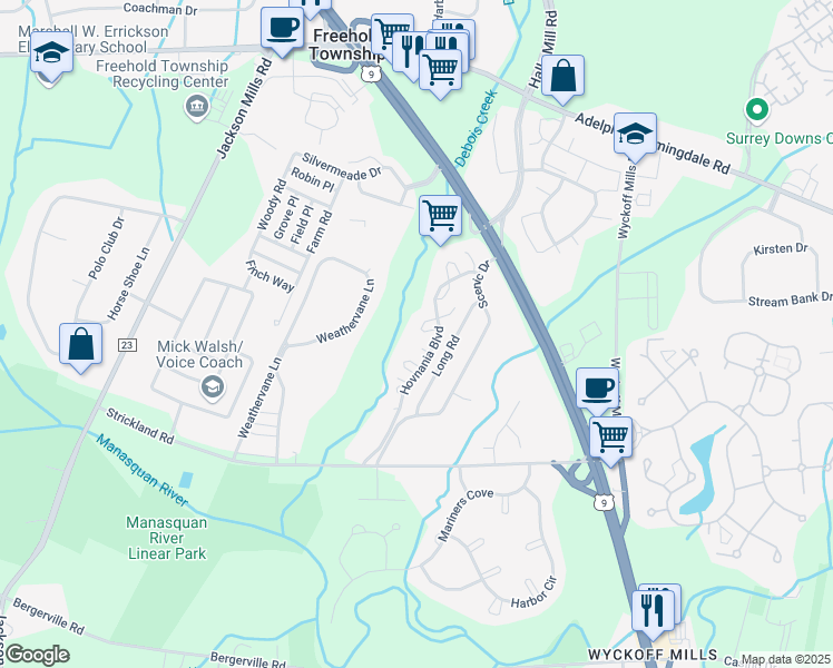 map of restaurants, bars, coffee shops, grocery stores, and more near 12-1 Phoenix Court in Freehold