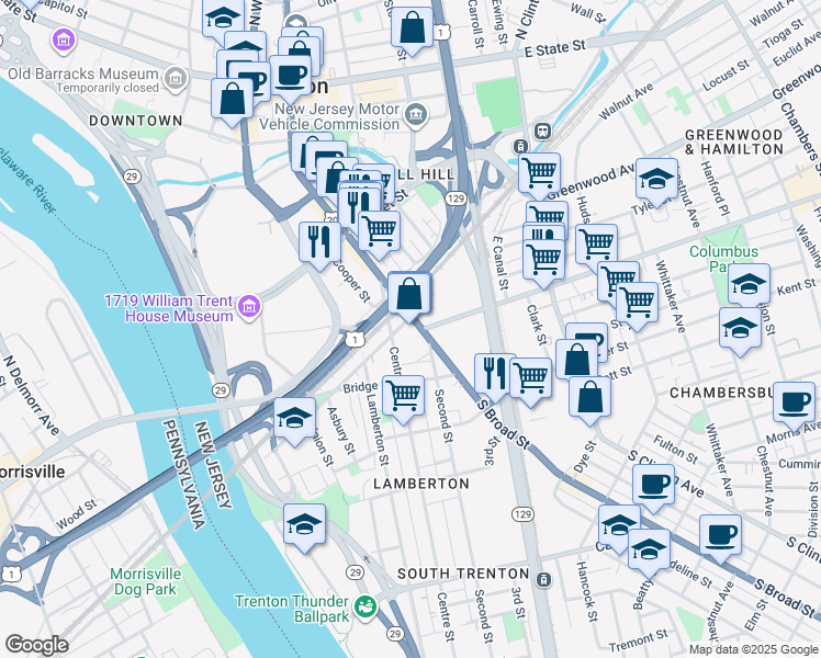 map of restaurants, bars, coffee shops, grocery stores, and more near in Trenton