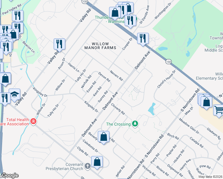map of restaurants, bars, coffee shops, grocery stores, and more near 299 Kent Road in Warminster