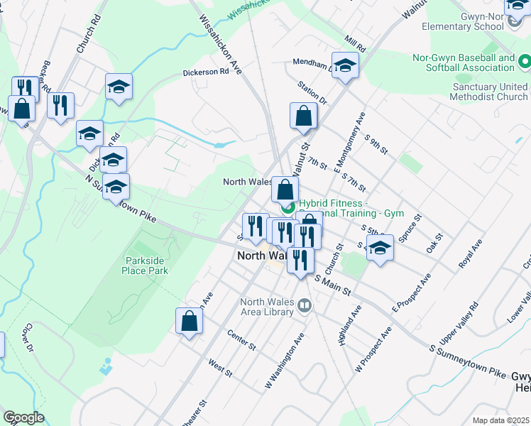 map of restaurants, bars, coffee shops, grocery stores, and more near 402 School Street in North Wales