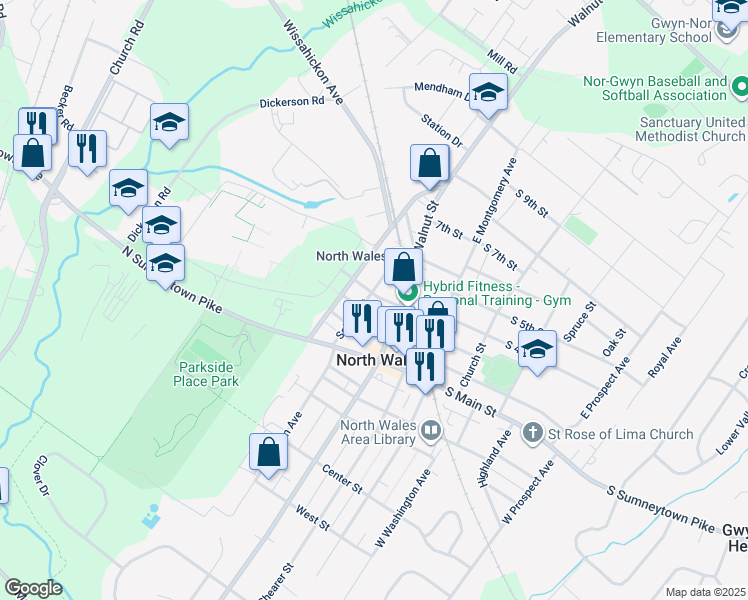 map of restaurants, bars, coffee shops, grocery stores, and more near 402 School Street in North Wales