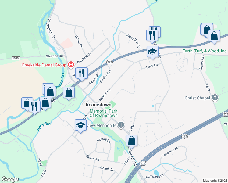 map of restaurants, bars, coffee shops, grocery stores, and more near 71 North Reamstown Road in Stevens