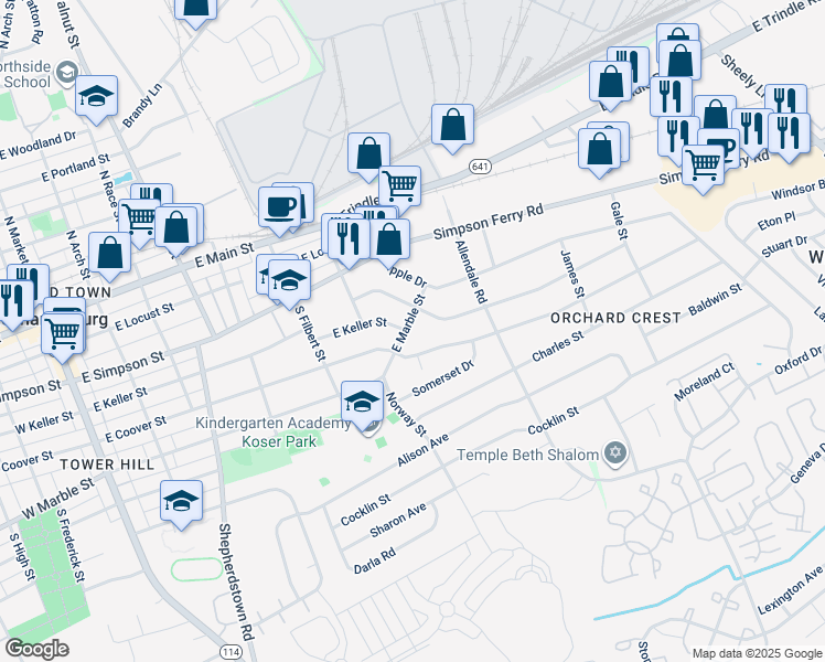 map of restaurants, bars, coffee shops, grocery stores, and more near 702 East Marble Street in Mechanicsburg