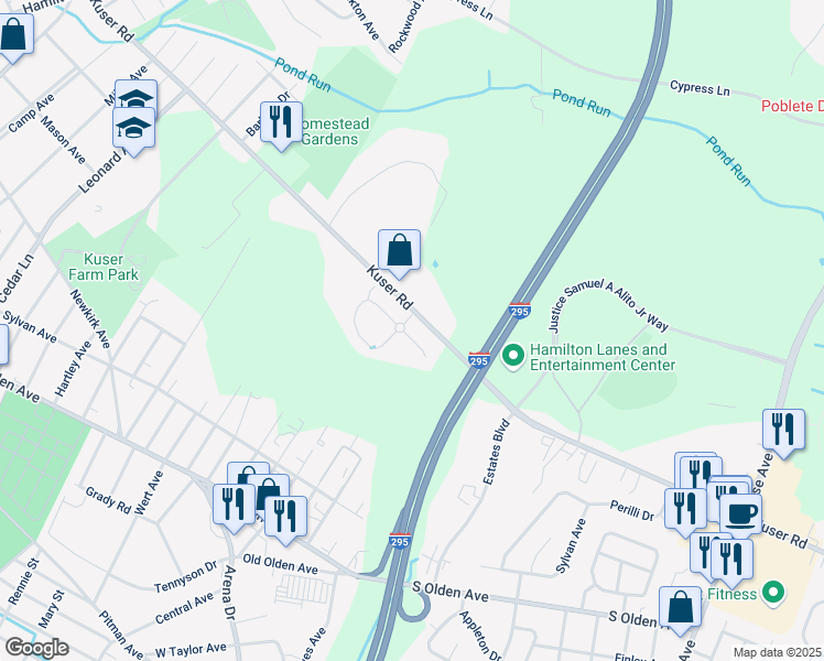 map of restaurants, bars, coffee shops, grocery stores, and more near 2 Sundance Drive in Trenton