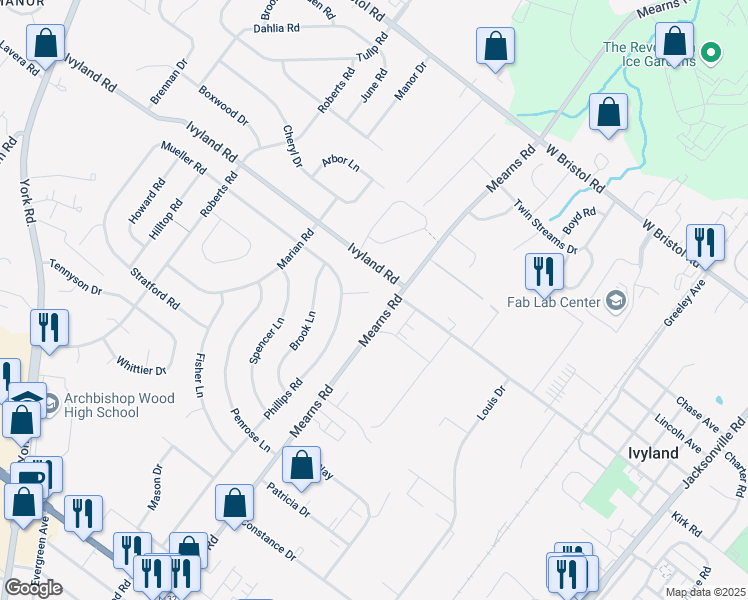 map of restaurants, bars, coffee shops, grocery stores, and more near 1095 Mearns Road in Warminster