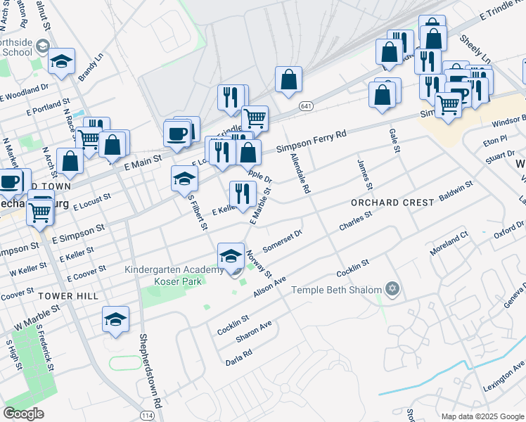 map of restaurants, bars, coffee shops, grocery stores, and more near 702 East Marble Street in Mechanicsburg