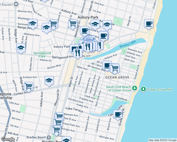 map of restaurants, bars, coffee shops, grocery stores, and more near 124 Mount Hermon Way in Neptune Township
