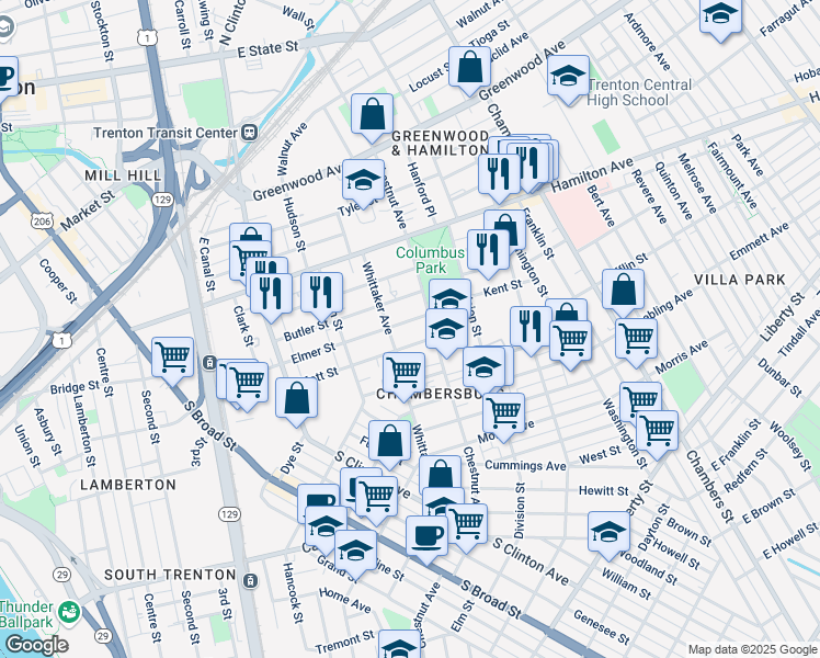 map of restaurants, bars, coffee shops, grocery stores, and more near 421 Elmer Street in Trenton