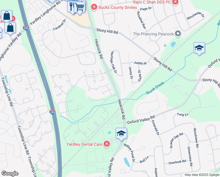 map of restaurants, bars, coffee shops, grocery stores, and more near 569 Aspen Woods Drive in Yardley