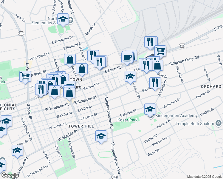 map of restaurants, bars, coffee shops, grocery stores, and more near 127 South Walnut Street in Mechanicsburg