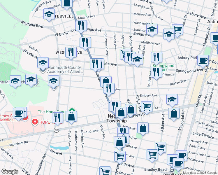 map of restaurants, bars, coffee shops, grocery stores, and more near 207 Drummond Avenue in Neptune City