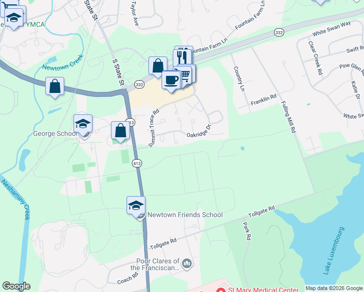 map of restaurants, bars, coffee shops, grocery stores, and more near 227 Oakridge Drive in Langhorne