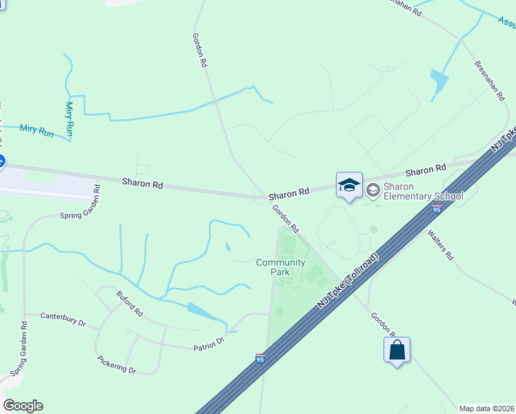 map of restaurants, bars, coffee shops, grocery stores, and more near 192 Sharon Road in Robbinsville Township