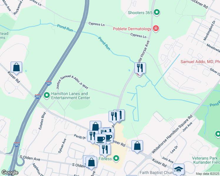 map of restaurants, bars, coffee shops, grocery stores, and more near 2 Justice Samuel A Alito Junior Way in Hamilton Township