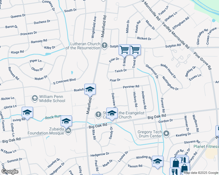 map of restaurants, bars, coffee shops, grocery stores, and more near 326 Daleview Drive in Yardley
