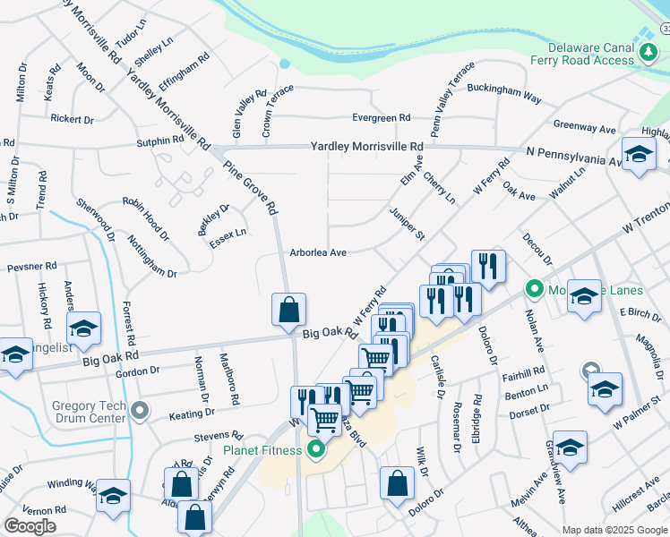map of restaurants, bars, coffee shops, grocery stores, and more near 227 Arborlea Avenue in Yardley