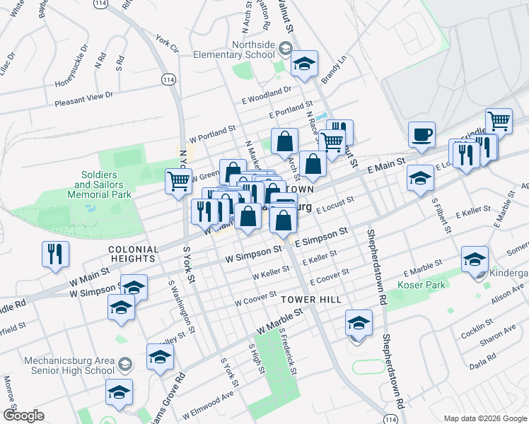 map of restaurants, bars, coffee shops, grocery stores, and more near in Mechanicsburg