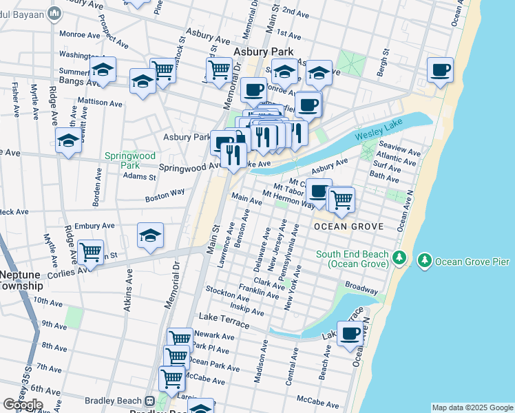 map of restaurants, bars, coffee shops, grocery stores, and more near 124 Mount Hermon Way in Neptune Township
