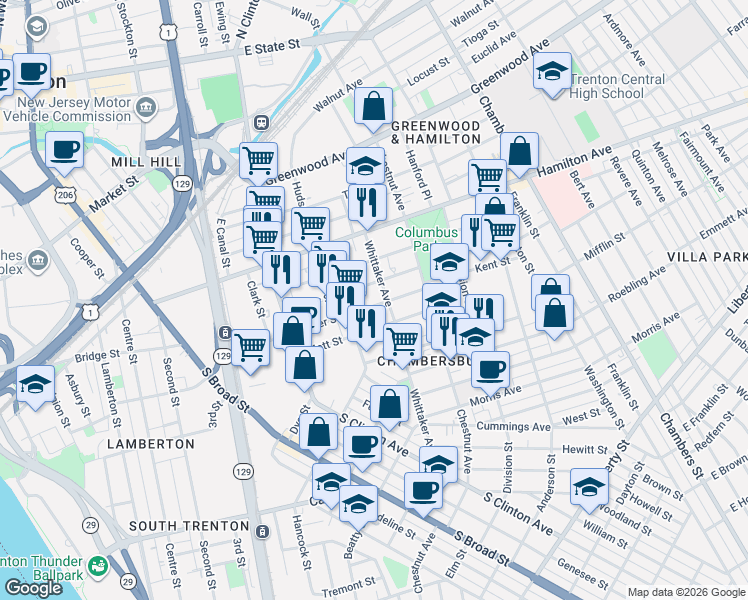 map of restaurants, bars, coffee shops, grocery stores, and more near 143 Butler Street in Trenton