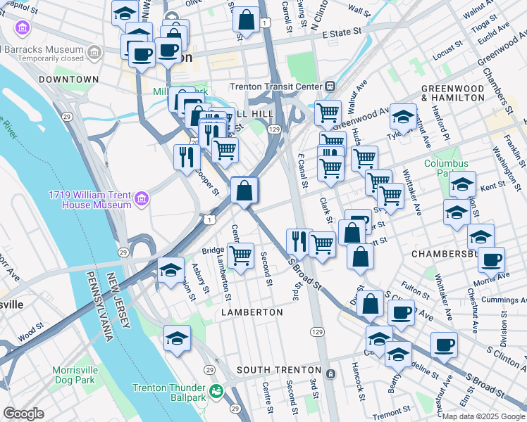 map of restaurants, bars, coffee shops, grocery stores, and more near 159 Conovers Alley in Trenton