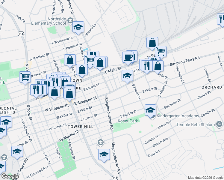 map of restaurants, bars, coffee shops, grocery stores, and more near 122 South Chestnut Street in Mechanicsburg