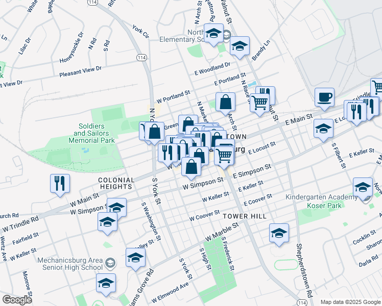 map of restaurants, bars, coffee shops, grocery stores, and more near 52 West Strawberry Alley in Mechanicsburg