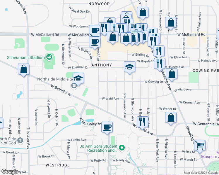 map of restaurants, bars, coffee shops, grocery stores, and more near 2311 North Hollywood Avenue in Muncie