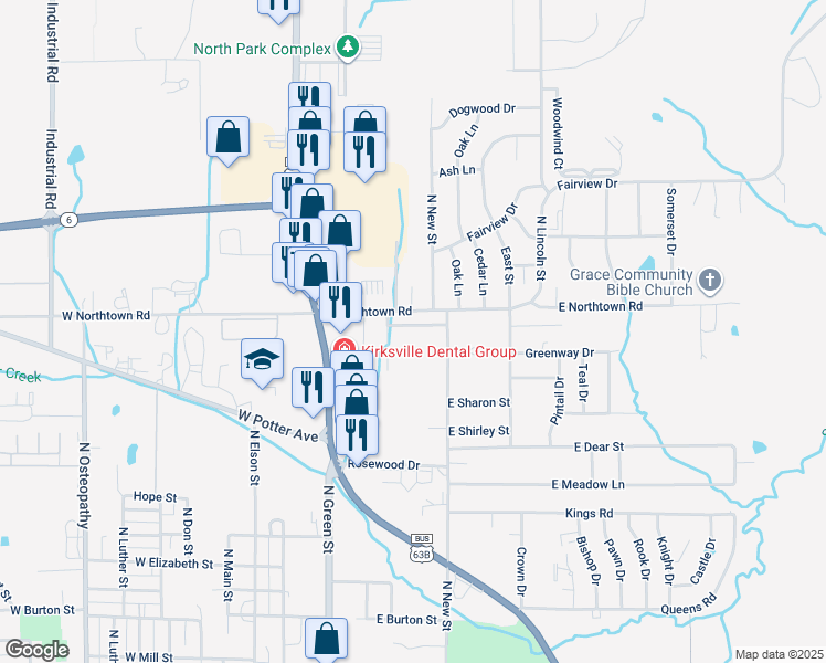 map of restaurants, bars, coffee shops, grocery stores, and more near 514-576 East Northtown Road in Kirksville