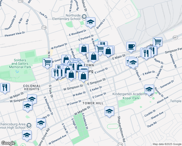 map of restaurants, bars, coffee shops, grocery stores, and more near 35 East Locust Street in Mechanicsburg