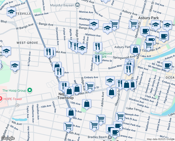 map of restaurants, bars, coffee shops, grocery stores, and more near 1315 Heck Avenue in Neptune City