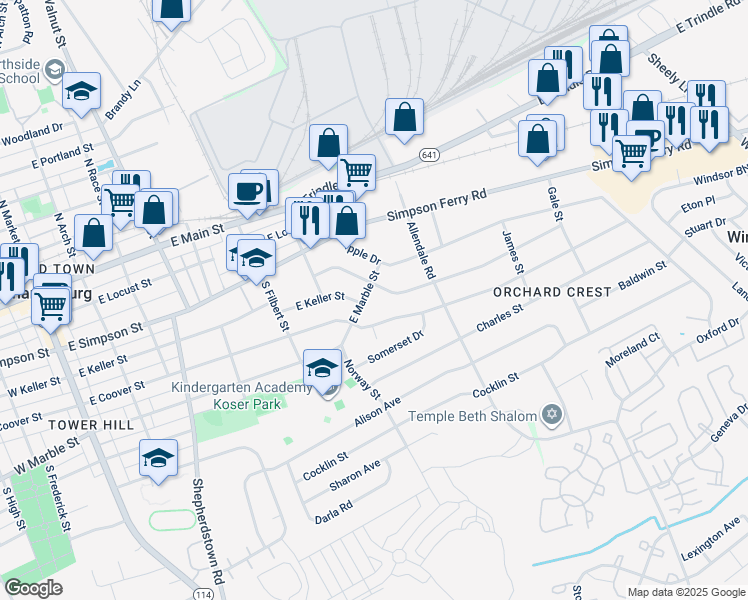 map of restaurants, bars, coffee shops, grocery stores, and more near 704 East Marble Street in Mechanicsburg