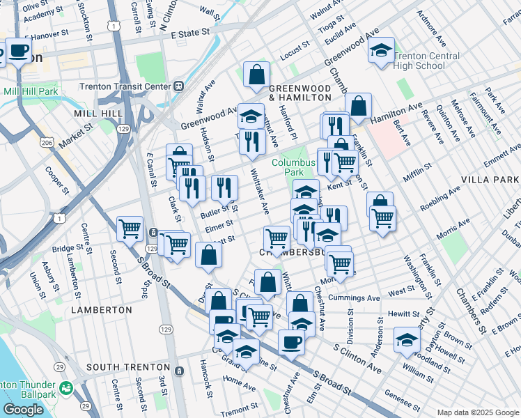 map of restaurants, bars, coffee shops, grocery stores, and more near 338 Elmer Street in Trenton