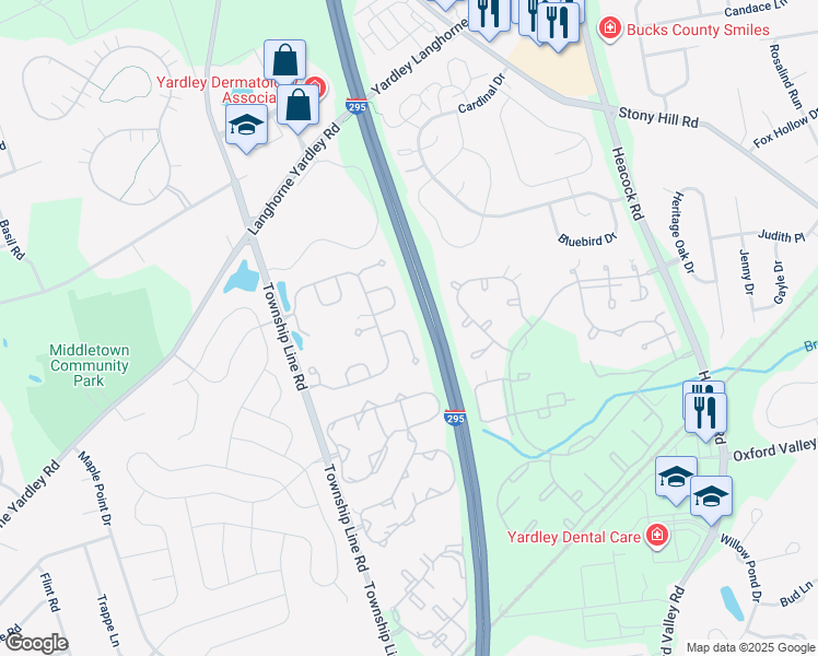 map of restaurants, bars, coffee shops, grocery stores, and more near 1948 Satter Court in Yardley
