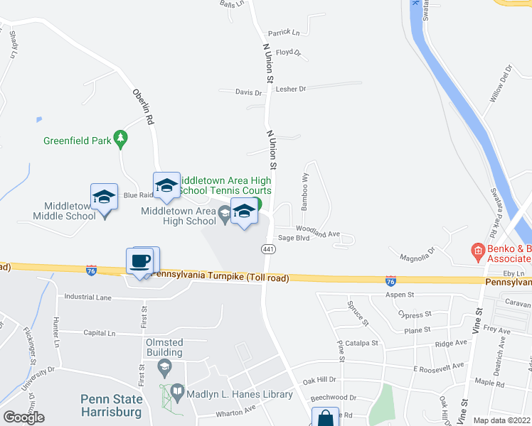 map of restaurants, bars, coffee shops, grocery stores, and more near 201 Oberlin Road in Middletown