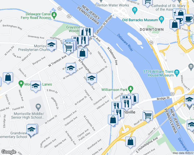 map of restaurants, bars, coffee shops, grocery stores, and more near 344 North Pennsylvania Avenue in Morrisville
