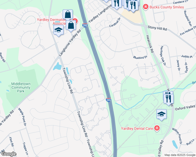 map of restaurants, bars, coffee shops, grocery stores, and more near 1948 Satter Court in Yardley