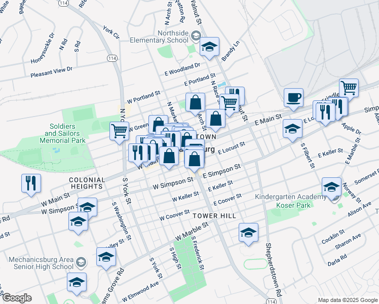 map of restaurants, bars, coffee shops, grocery stores, and more near in Mechanicsburg