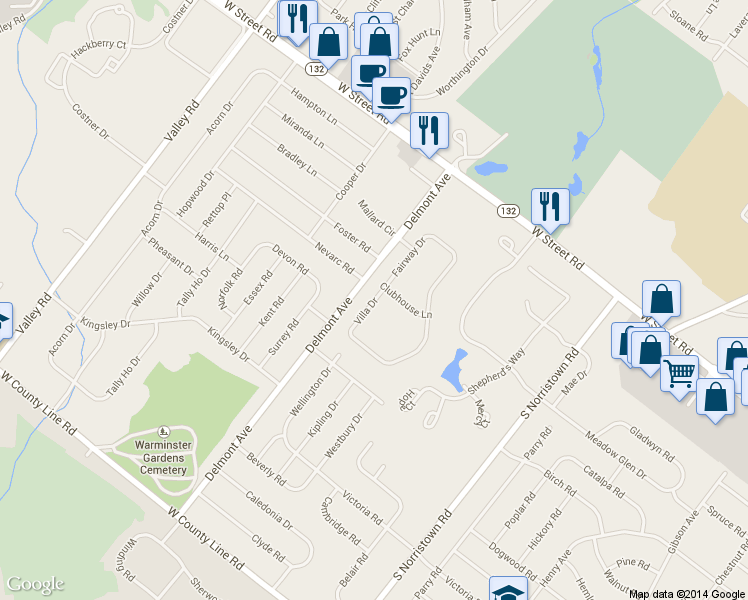 map of restaurants, bars, coffee shops, grocery stores, and more near 33 Villa Drive in Warminster