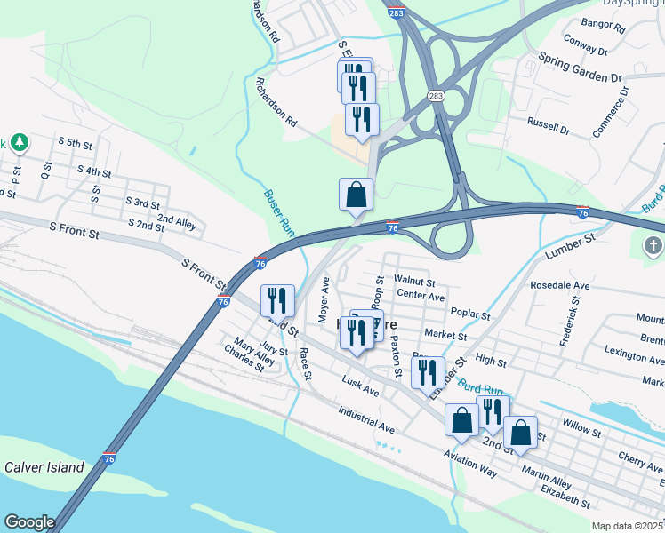 map of restaurants, bars, coffee shops, grocery stores, and more near 123 Vine Street in Highspire