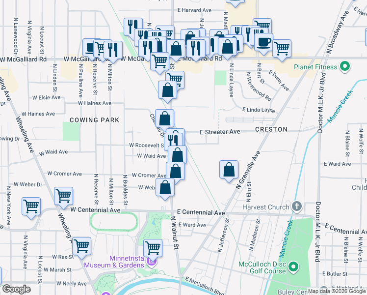 map of restaurants, bars, coffee shops, grocery stores, and more near 121 East Streeter Avenue in Muncie