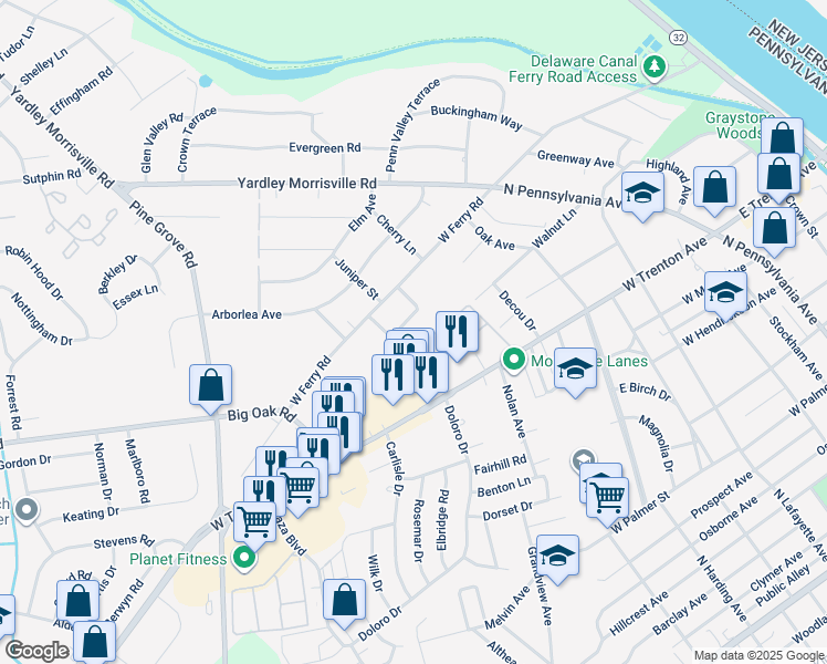 map of restaurants, bars, coffee shops, grocery stores, and more near 13 Wilfred Drive in Yardley